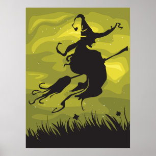 Skrämmande Halloween-häxa flygande på kvast Poster