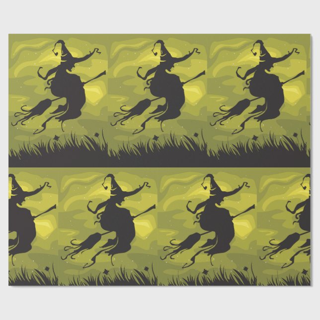 Skrämmande Halloween-häxa flygande på kvast Presentpapper (Platt)