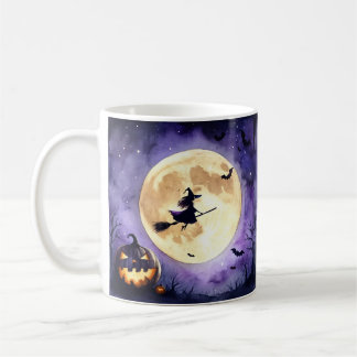 Skrämmande Halloween-häxa flyger över fullmåne Kaffemugg
