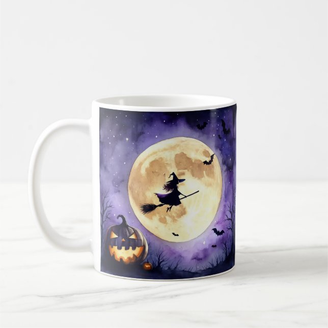 Skrämmande Halloween-häxa flyger över fullmåne  Kaffemugg (Vänster)