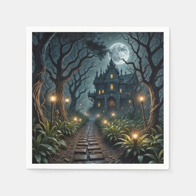 Skrämmande Halloween-herrgård i månsken Pappersservett (Framsidan)