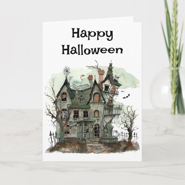 Skrämmande Halloween-hus hälsning Kort (Framsida)