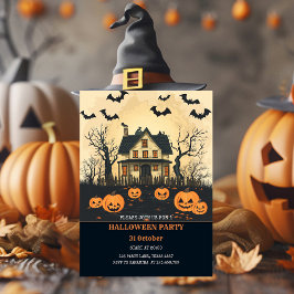 Skrämmande Halloween-hus på nattfest Julkort