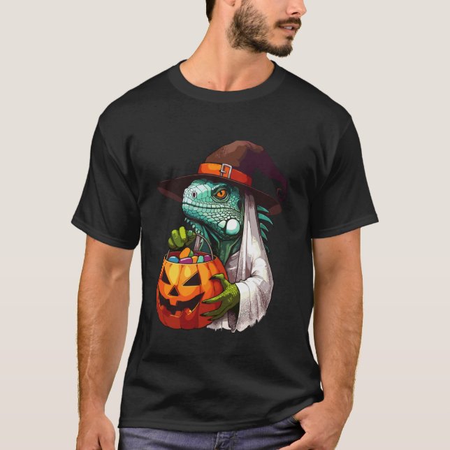 Skrämmande Halloween Iguana Spöke Låtsas Godispåse T Shirt (Framsida)