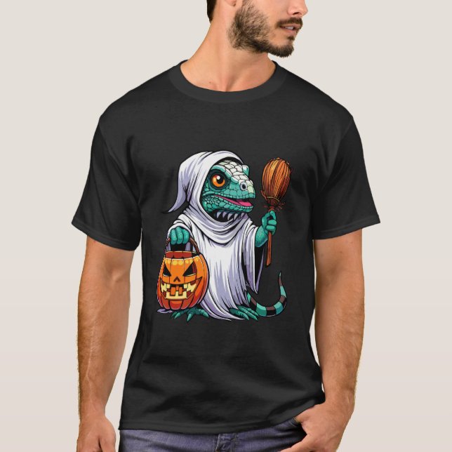 Skrämmande Halloween Iguana Spöke Låtsas Godispåse T Shirt (Framsida)