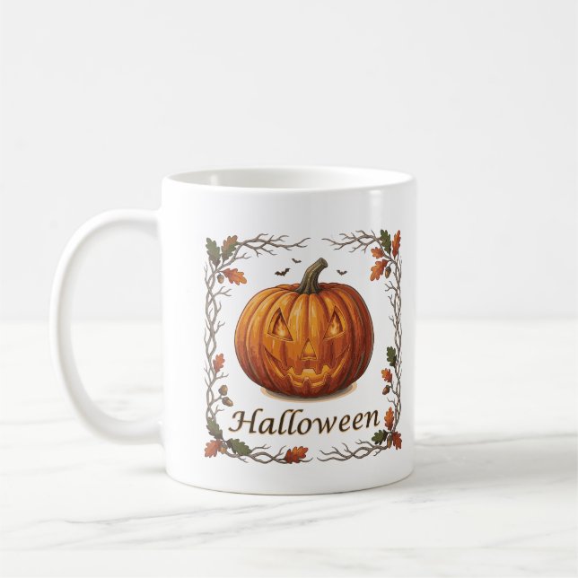Skrämmande Halloween Jack-o'-Lantern Höstlöv Ram Kaffemugg (Vänster)