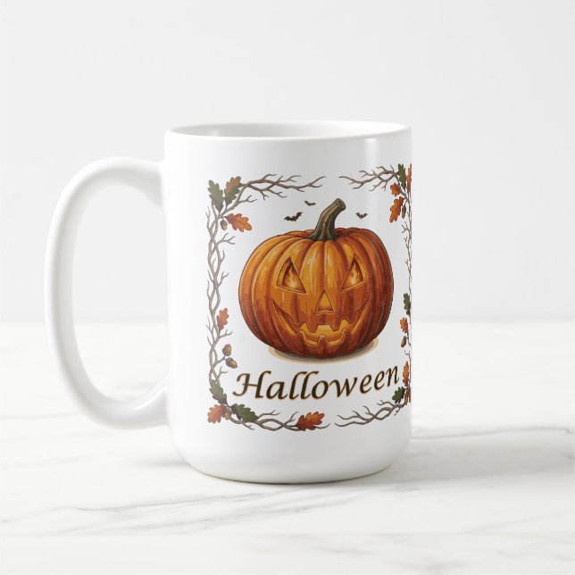 Skrämmande Halloween Jack-o'-Lantern Höstlöv Ram Kaffemugg (Vänster)
