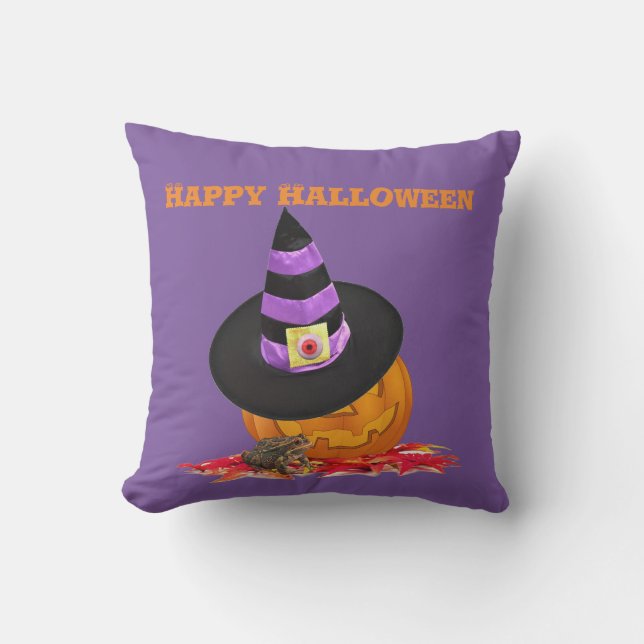 Skrämmande Halloween Jack O Lantern och häxhatt l Kudde (Framsida)