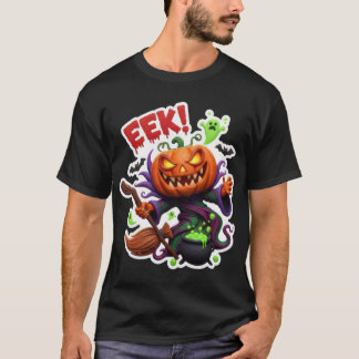 Skrämmande Halloween-jackolantern-häxa med kvast o T Shirt