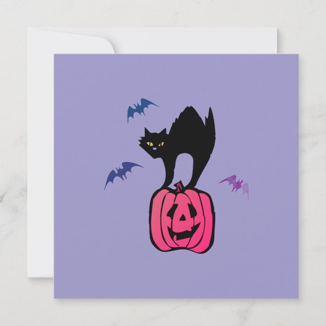 Skrämmande Halloween-katt på pumpa i Pop Art-stil Julkort (Framsida)