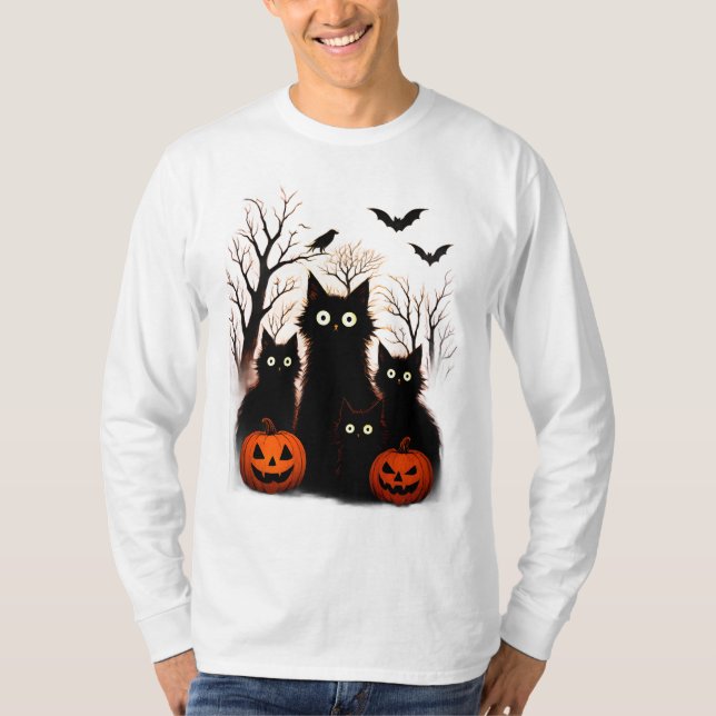 Skrämmande Halloween-katter och fladdermöss design T Shirt (Framsida)