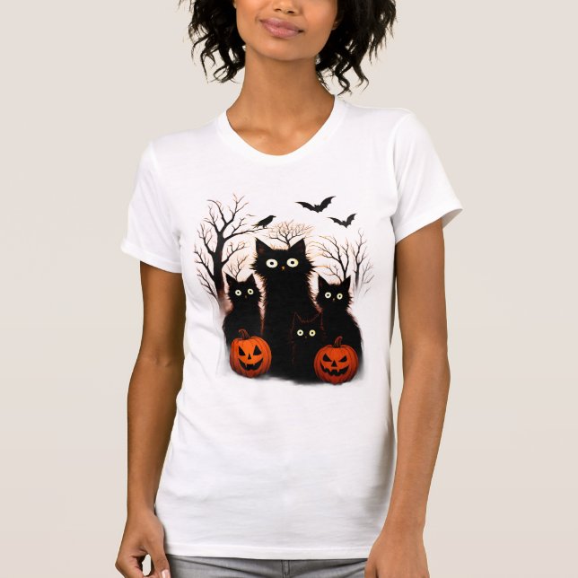 Skrämmande Halloween-katter och fladdermöss design T Shirt (Framsida)