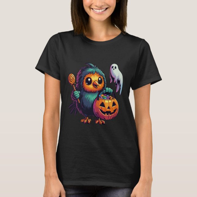 Skrämmande Halloween Kiwi Fågel Spöke Kuslig Godis T Shirt (Framsida)
