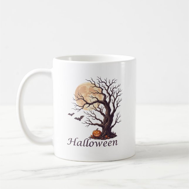 Skrämmande Halloween Knutig Träd Jack-o'-Lantern Kaffemugg (Vänster)