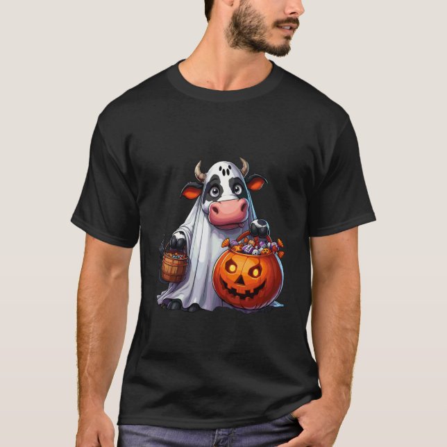 Skrämmande Halloween Ko Spöke Skräckfylld Godispås T Shirt (Framsida)