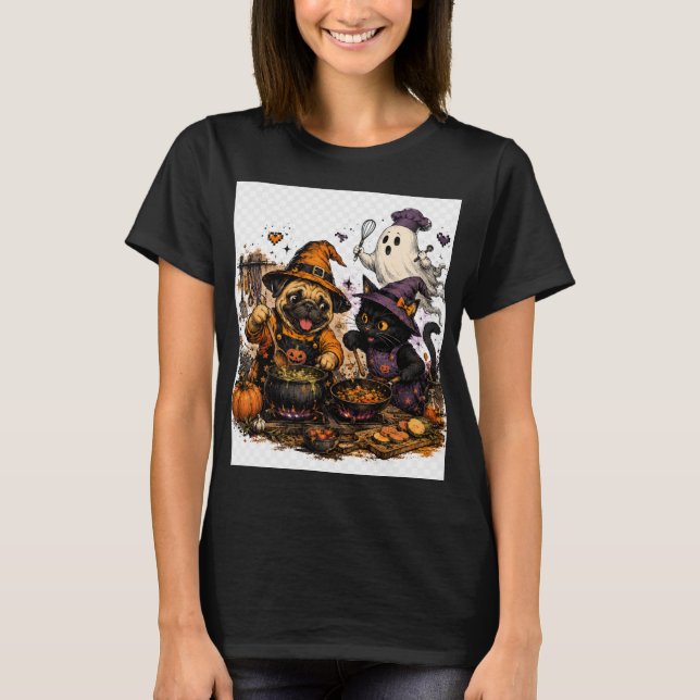 Skrämmande Halloween-kök – Pug & Svart Katt Matlag T Shirt (Framsida)