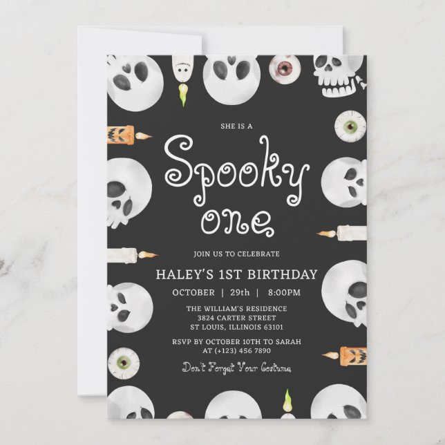 Skrämmande Halloween-kranier för barn 1-års födels Inbjudningar (Framsida)