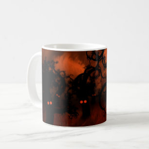 Skrämmande Halloween Kusliga ögon Skumma skogsträd Kaffemugg