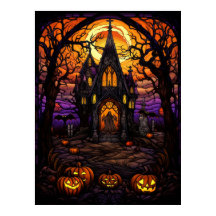 Skrämmande Halloween-kyrka i skogen i glasmålning
