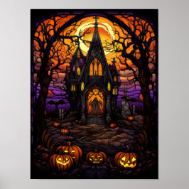 Skrämmande Halloween-kyrka i skogen i glasmålning Poster