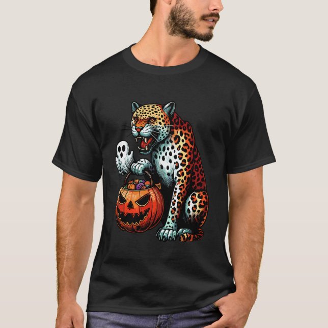 Skrämmande Halloween Leopard Spöke Kuslig Godispås T Shirt (Framsida)