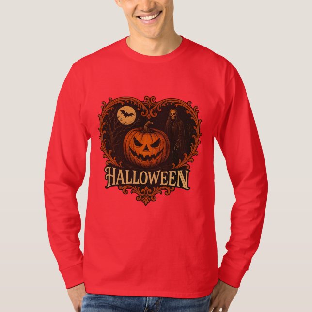 Skrämmande Halloween-mansbasic T-shirt med långa ä (Framsida)