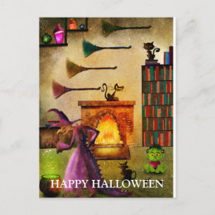 Skrämmande Halloween-natt med häxa Vykort