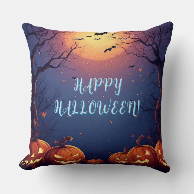 Skrämmande Halloween-natt med lysande pumpor Kudde (Framsida)