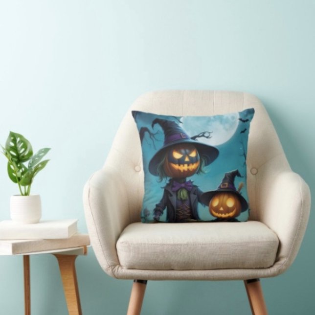 Skrämmande Halloween-pumpa-duo Kudde (Throw Pillow 100% polyester heavyweight stretch material. Hidden zipper Made in the USA.
)