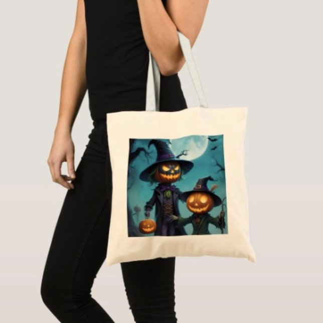Skrämmande Halloween-pumpa-duo Tygkasse (100% natural material 100% cotton D: 15.75"l x 15.25"w 5 handle colors
)