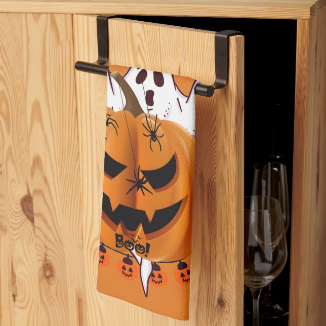 Skrämmande Halloween-pumpa med spöke och spindel D Kökshandduk (Thirds Fold)
