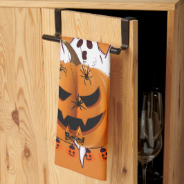 Skrämmande Halloween-pumpa med spöke och spindelde Kökshandduk