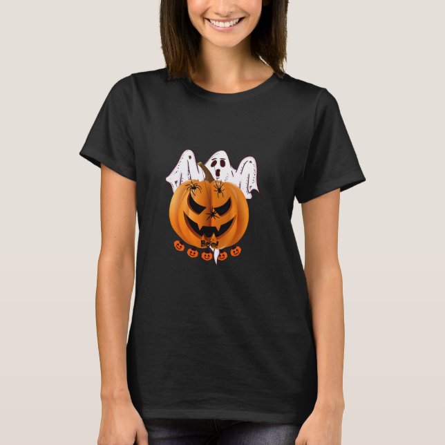 Skrämmande Halloween-pumpa med spöke och spindelde T Shirt (Framsida)