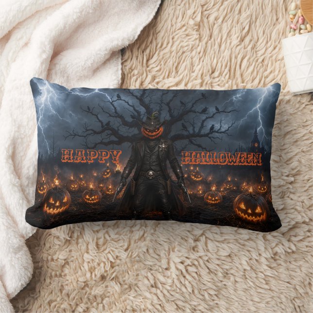 Skrämmande Halloween-pumpa Sheriff Cowboy Blixt  Lumbarkudde (Filt)