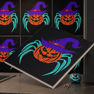 Skrämmande Halloween-pumpa Spindel och häxhatt Kon Kakelplatta