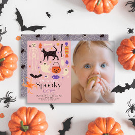 Skrämmande Halloween-rosa 1-års födelsedagsfoto Inbjudningar