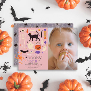Skrämmande Halloween-rosa 1-års födelsedagsfoto Inbjudningar