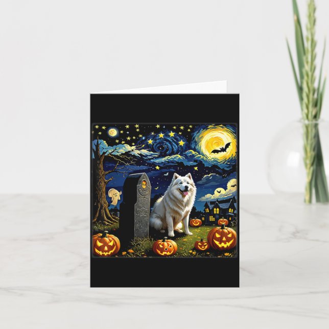 Skrämmande Halloween Samoyed Hund Stjärnklar Natt Kort (Framsida)