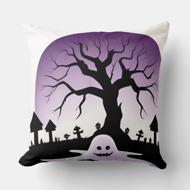 Skrämmande halloween-scen med spöke och kal träd kudde (Framsida)