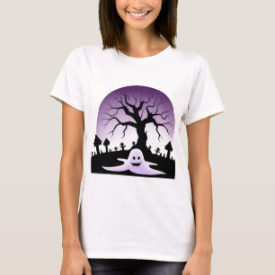 Skrämmande halloween-scen med spöke och kal träd t shirt