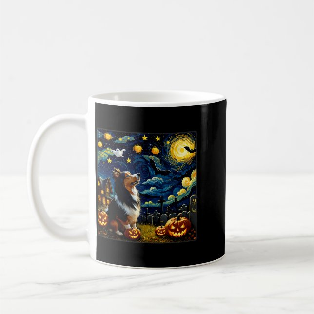Skrämmande Halloween Sheltie Hund Stjärnklar Natt Kaffemugg (Vänster)