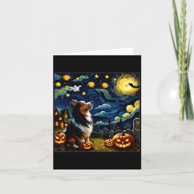 Skrämmande Halloween Sheltie Hund Stjärnklar Natt Kort (Framsida)