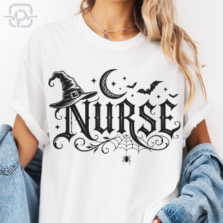 Skrämmande Halloween Sjuksköterska Häxa Hatt Måne T Shirt