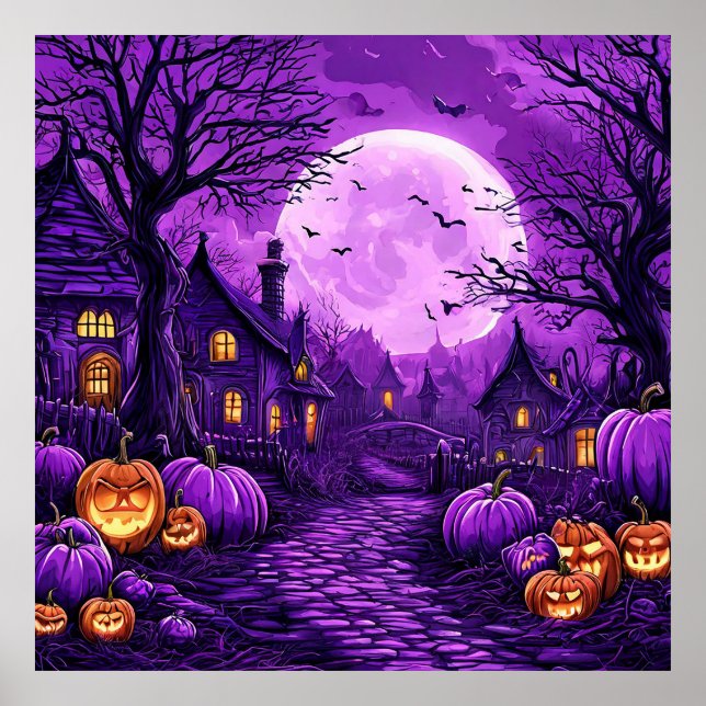 Skrämmande Halloween Slott Fladdermöss Pumpa Natt Poster (Framsidan)