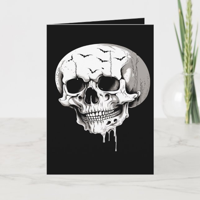 Skrämmande Halloween Smältande Kranium Med Fladder Helgkort (Framsida)
