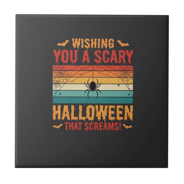 Skrämmande Halloween Spindelnät Solnedgång Design_ Kakelplatta (Framsidan)