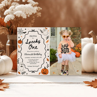 Skrämmande Halloween-spöke 1-års födelsedagsfoto Inbjudningar