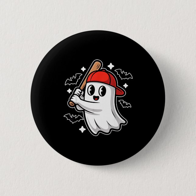 Skrämmande Halloween-spöke och fladdermus-baseboll Knapp (Framsida)