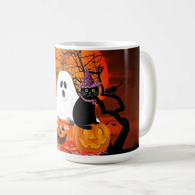 Skrämmande Halloween-spöke och svart katt  Kaffemugg (Framsida höger)