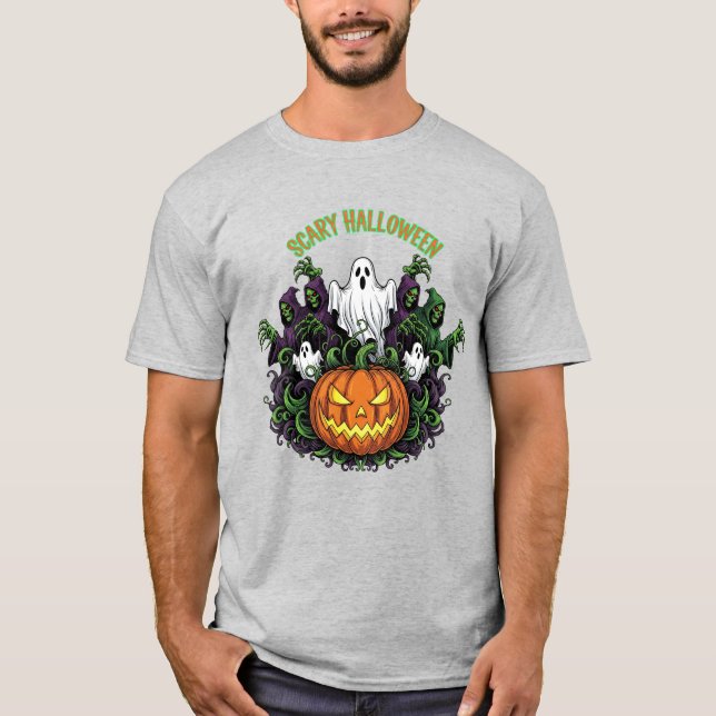 Skrämmande Halloween-spöke & Skördemaskin T-shirt (Framsida)